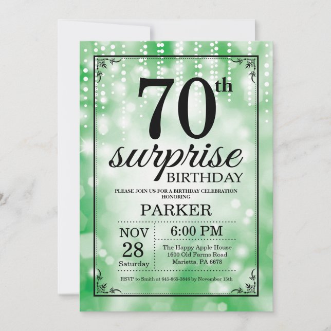 Surprise 70th Birthday Invitation Green Glitter (Front)