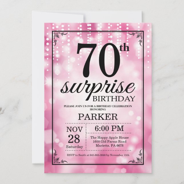 Surprise 70th Birthday Invitation Pink Glitter (Front)