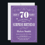 Surprise 70th Birthday Invitation Purple and White<br><div class="desc">Surprise 70th Birthday Invitation Purple and White Typography. Purple Background. Adult Birthday. Male Men or Women Birthday. Kids Boy or Girl Lady Teen Teenage Bday Invite. 13th 15th 16th 18th 20th 21st 30th 40th 50th 60th 70th 80th 90th 100th. Any Age. For further customisation, please click the "Customise it" button...</div>