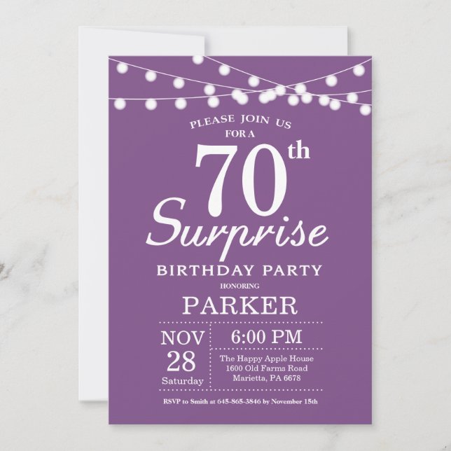 Surprise 70th Birthday Invitation Purple Lavender (Front)