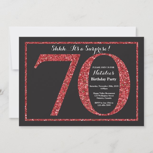 Surprise 70th Birthday Invitation Red Glitter (Front)