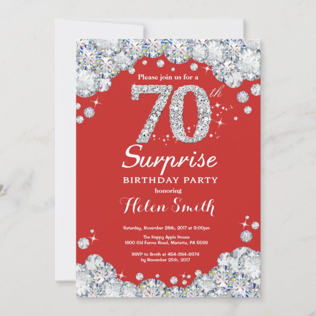 Surprise 70th Birthday Invitation Silver Diamond (Front)