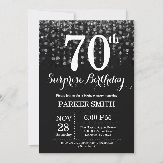 Surprise 70th Birthday Invitation Silver Glitter (Front)
