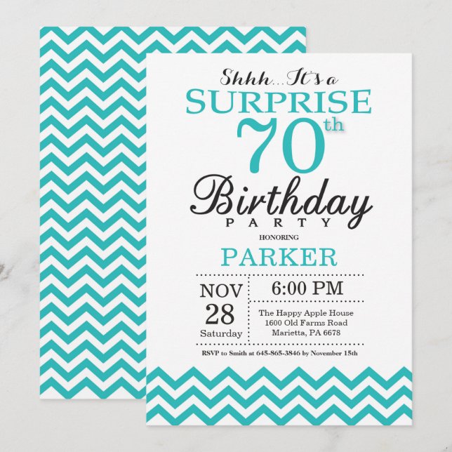 Surprise 70th Birthday Invitation Teal Chevron (Front/Back)