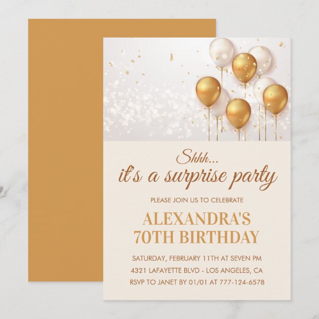 Surprise 70th birthday invitations Gold (Front/Back)