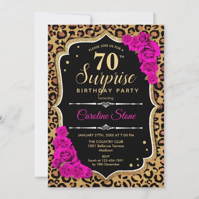 Surprise 70th Birthday - Leopard Black Gold Pink Invitation (Front)