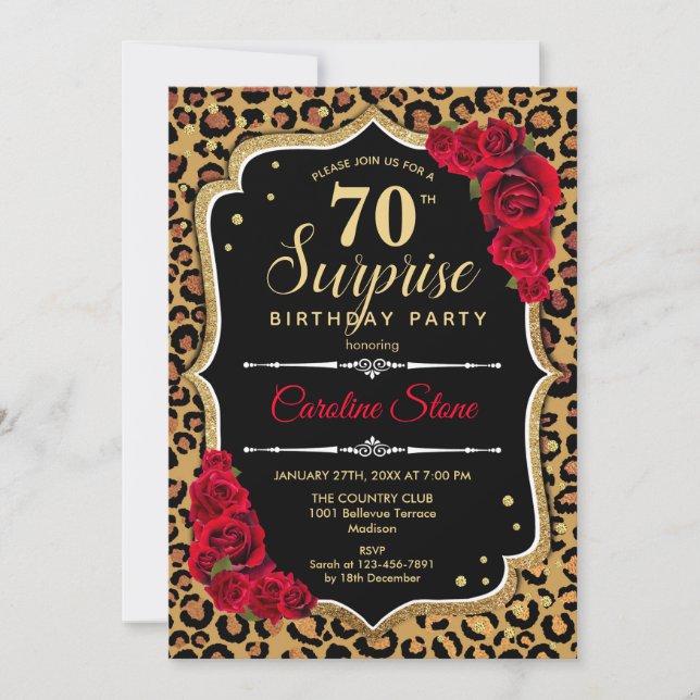 Surprise 70th Birthday - Leopard Black Gold Red Invitation (Front)