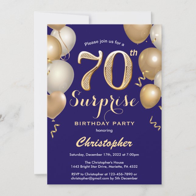 Surprise 70th Birthday Navy Blue and Gold Balloons Invitation (Front)