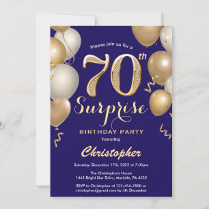Surprise 70th Birthday Navy Blue and Gold Balloons Invitation
