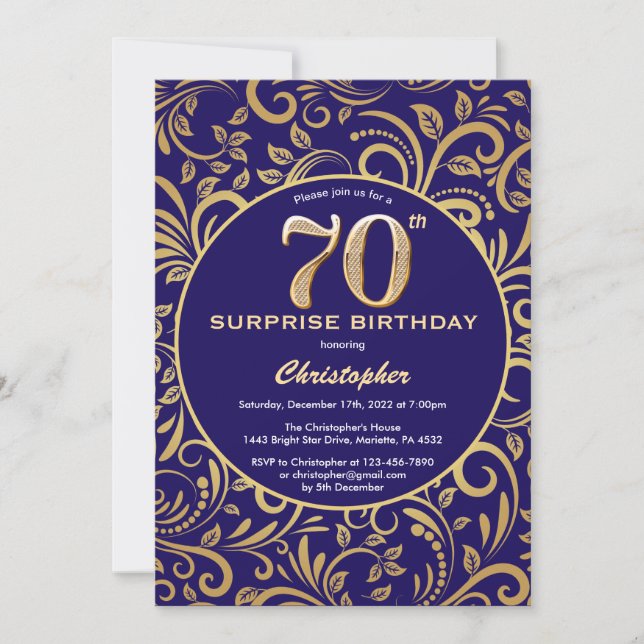 Surprise 70th Birthday Navy Blue and Gold Floral Invitation (Front)