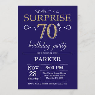 Surprise 70th Birthday Navy Blue and Gold Glitter Invitation