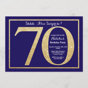Surprise 70th Birthday Navy Blue and Gold Glitter Invitation