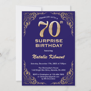 Surprise 70th Birthday Navy Blue and Gold Glitter Invitation