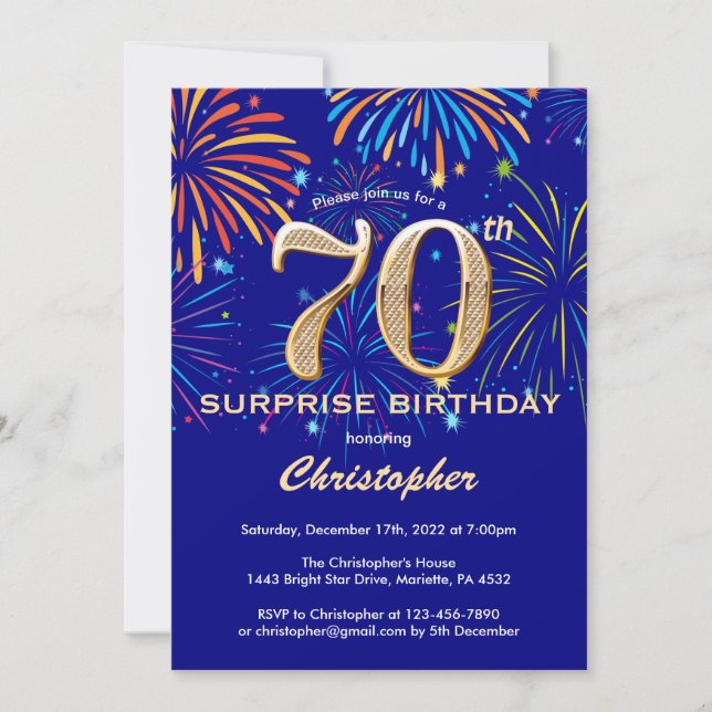 Surprise 70th Birthday Navy Blue & Gold Firework Invitation (Front)
