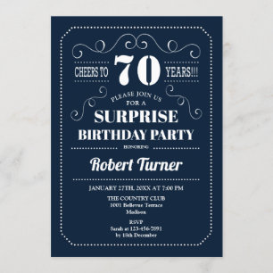 Surprise 70th Birthday - Navy Blue Invitation