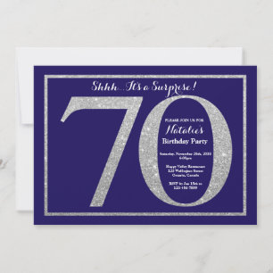 Surprise 70th Birthday Navy Blue Silver Glitter Invitation