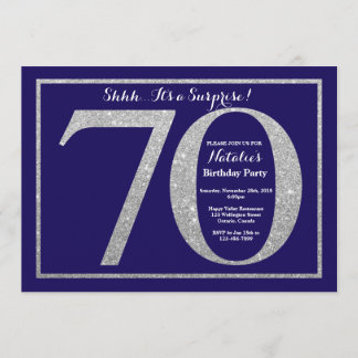 Surprise 70th Birthday Navy Blue Silver Glitter Invitation