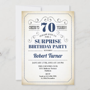 Surprise 70th Birthday - Navy Blue White Black Invitation
