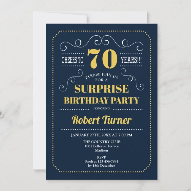 Surprise 70th Birthday - Navy Gold Invitation (Front)