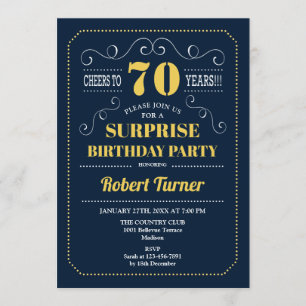 Surprise 70th Birthday - Navy Gold Invitation