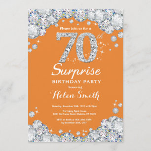 Surprise 70th Birthday Orange and Silver Diamond Invitation