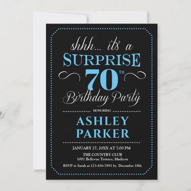 Surprise 70th Birthday Party - Black Blue Invitation (Front)