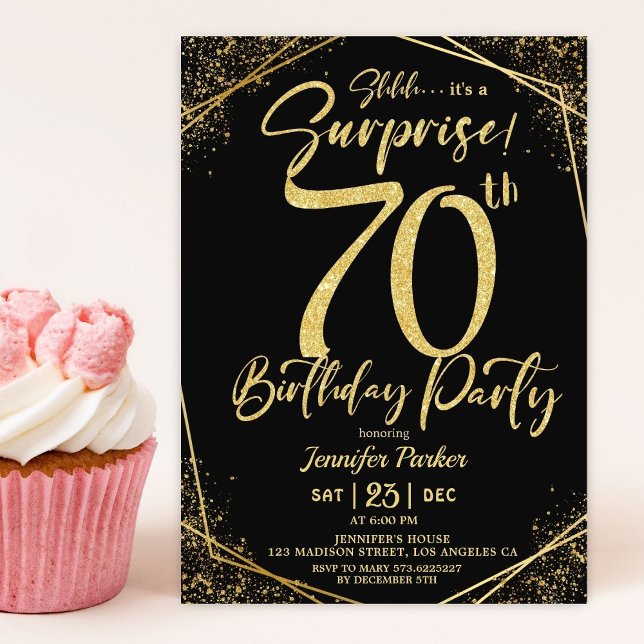 Surprise 70th Birthday Party Black & Gold Glitter Invitation (Creator Uploaded)