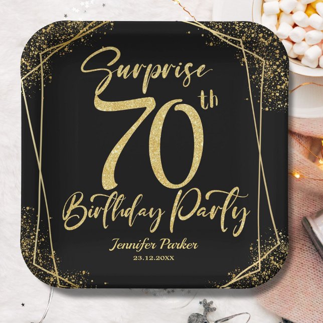 Surprise 70th Birthday Party Black & Gold Glitter Paper Plate (Creator Uploaded)
