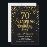 Surprise 70th Birthday Party - Black & Gold Invitation<br><div class="desc">Surprise 70th Birthday Party Invitation.
Elegant design in black and faux glitter gold. Features stylish script font and confetti. Message me if you need custom age.</div>