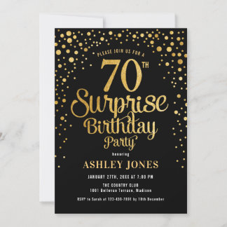 Surprise 70th Birthday Party - Black & Gold Invitation
