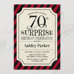 Surprise 70th Birthday Party - Black Red Stripes Invitation<br><div class="desc">Surprise 70th Birthday Celebration Invitation.
Elegant classy design with black red stripes and burlap pattern. Features elegant black script font. Message me if you need further customization.</div>