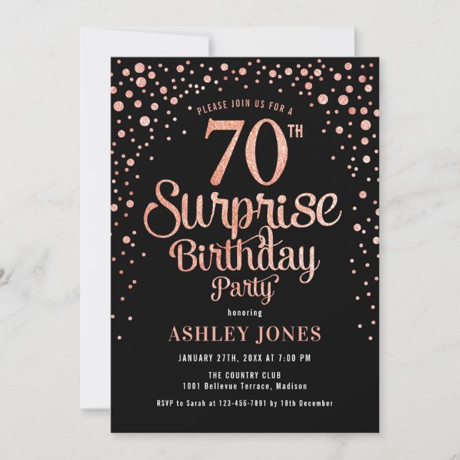 Surprise 70th Birthday Party - Black & Rose Gold Invitation (Front)