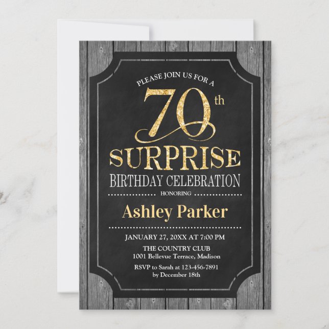 Surprise 70th Birthday Party - Chalkboard Gold Invitation (Front)