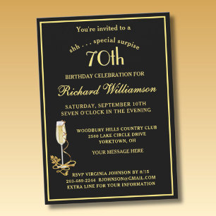 SURPRISE 70th Birthday Party Elegant Black Gold Invitation