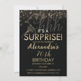 Surprise 70th Birthday Party for Women, Black Invitation