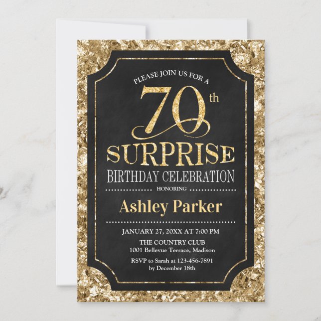 Surprise 70th Birthday Party - Gold Black Invitation (Front)