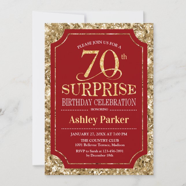 Surprise 70th Birthday Party - Gold Red Invitation (Front)