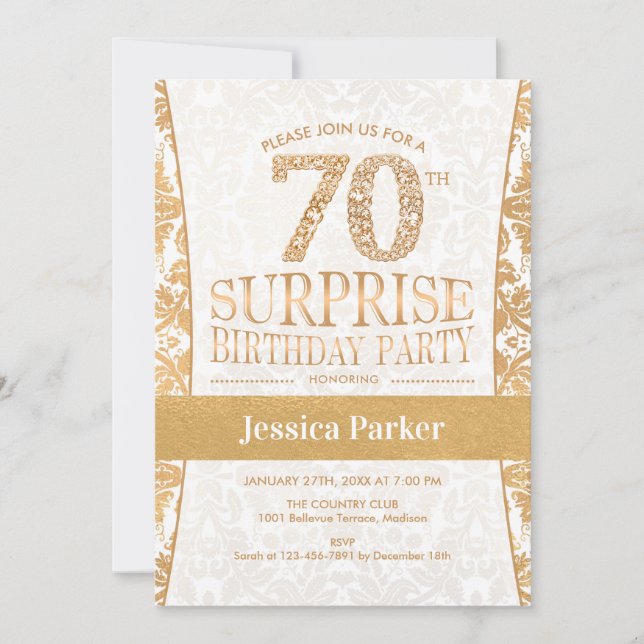 Surprise 70th Birthday Party - Gold White Invitation (Front)