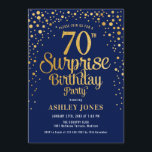 Surprise 70th Birthday Party - Navy & Gold Invitation<br><div class="desc">Surprise 70th Birthday Party Invitation.
Elegant design in navy blue and faux glitter gold. Features stylish script font and confetti. Message me if you need custom age.</div>