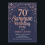 Surprise 70th Birthday Party - Navy & Rose Gold Invitation<br><div class="desc">Surprise 70th Birthday Party Invitation.
Elegant design in navy and faux glitter rose gold. Features stylish script font and confetti. Message me if you need custom age.</div>