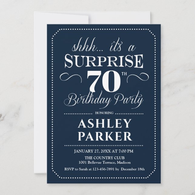 Surprise 70th Birthday Party - Navy White Invitation (Front)