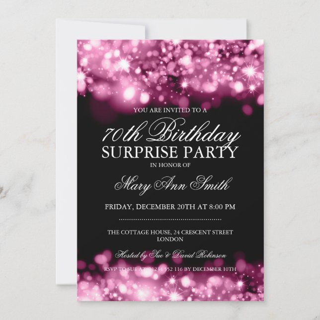Surprise 70th Birthday Party Pink Sparkling Lights Invitation (Front)