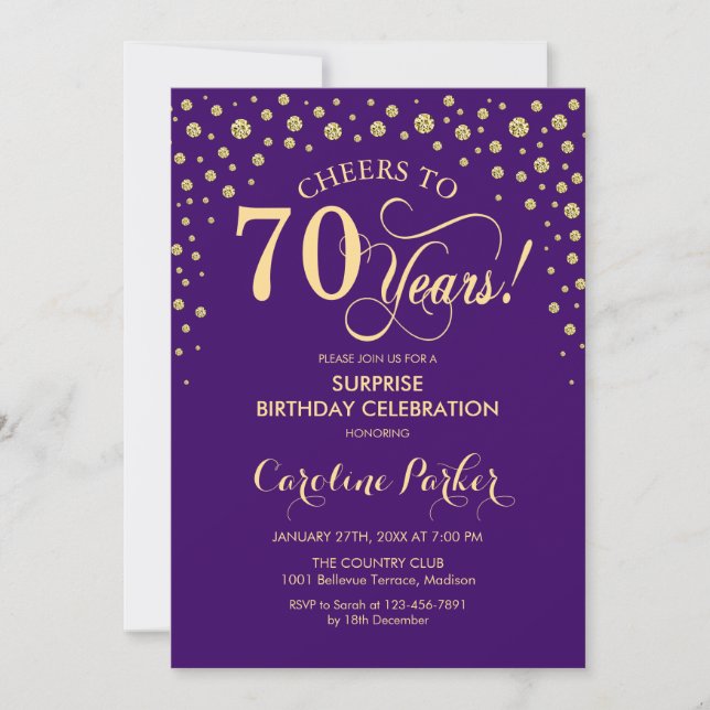 Surprise 70th Birthday Party - Purple Gold Invitation (Front)