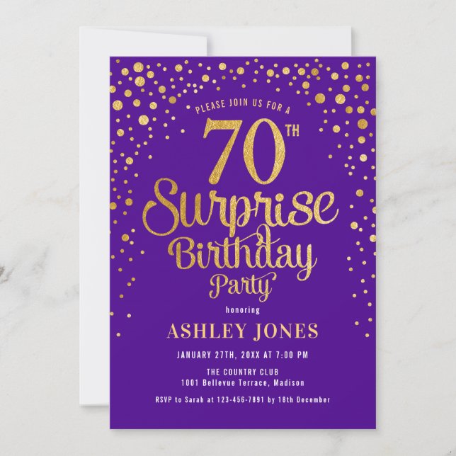 Surprise 70th Birthday Party - Purple & Gold Invitation (Front)