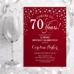 Surprise 70th Birthday Party - Red Silver Invitation<br><div class="desc">Surprise 70th Birthday Party Invitation.
Elegant design in red and faux glitter silver. Features script font and diamonds confetti. Cheers to 70 Years! Message me if you need further customization.</div>