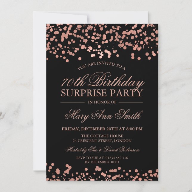 Surprise 70th Birthday Party Rose Gold Foil Invitation (Front)