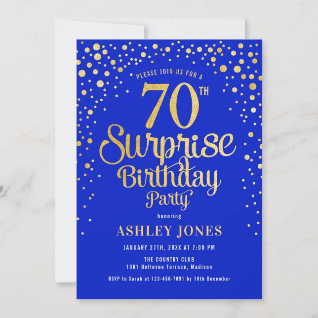 Surprise 70th Birthday Party - Royal Blue & Gold Invitation (Front)