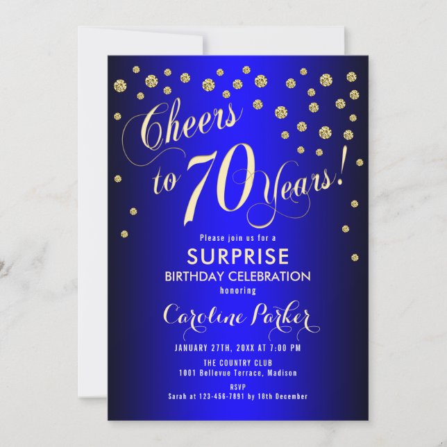Surprise 70th Birthday Party - Royal Blue Gold Invitation (Front)