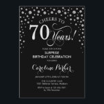 Surprise 70th Birthday Party - Silver Black Invitation<br><div class="desc">Surprise 70th Birthday Party Invitation.
Elegant design in black and faux glitter silver. Features script font and diamonds confetti. Cheers to 70 Years! Message me if you need further customization.</div>
