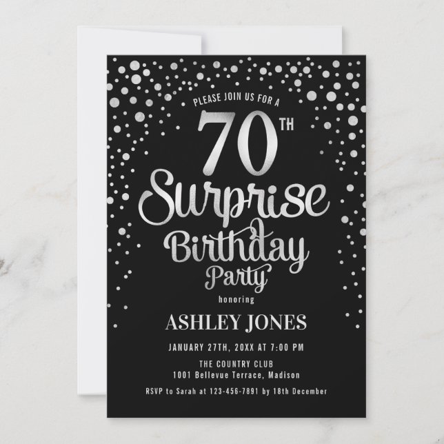 Surprise 70th Birthday Party - Silver & Black Invitation (Front)